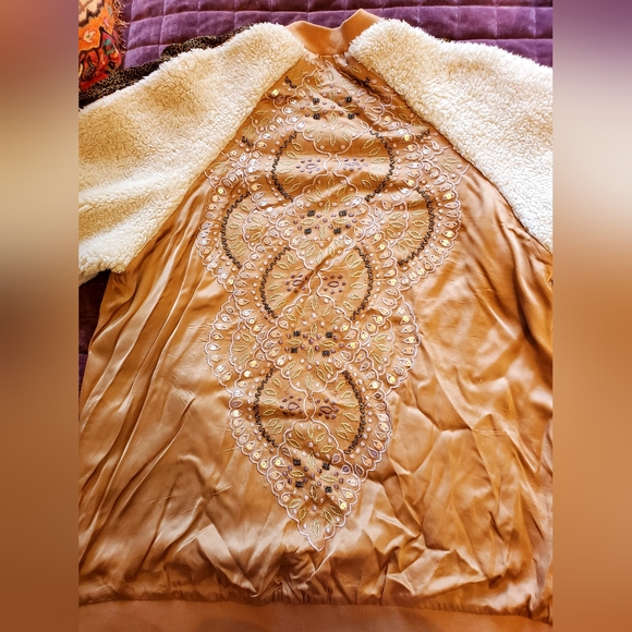 Free People Leopard & Sequin Satin Wicked Games Reversible Bomber Sherpa Jacket - Picture 4 of 9